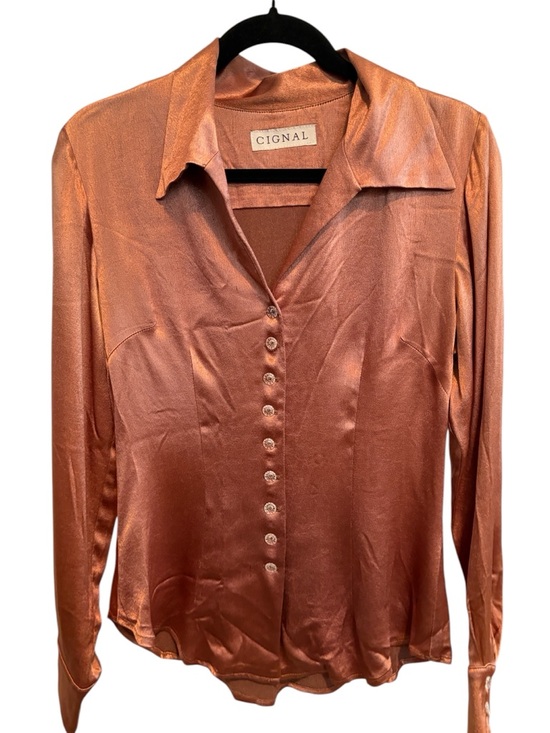 Cignal Tops - Cignal Copper Satin Blouse Size S Shimmer Button Front Long Sleeve Unique